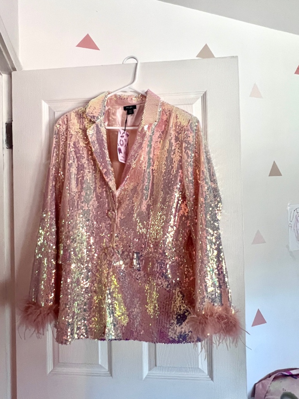NASTYGAL Pink Iridescent Sequin Blazer with Feather Cuffs US 6